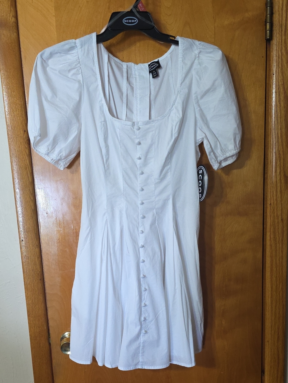Scooped White Puff-Sleeve Button-Front Mini Dress